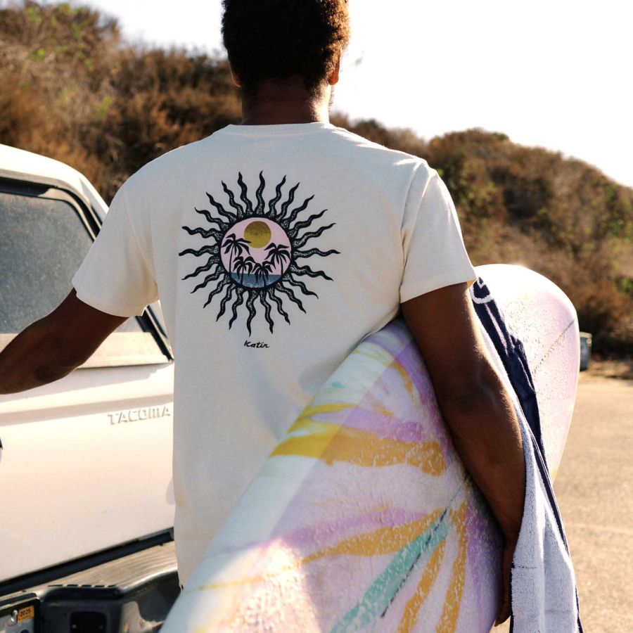 Men's Vintage Sun Palm Tree Surf Print Beach Daily Round Neck Short Sleeve T-shirt