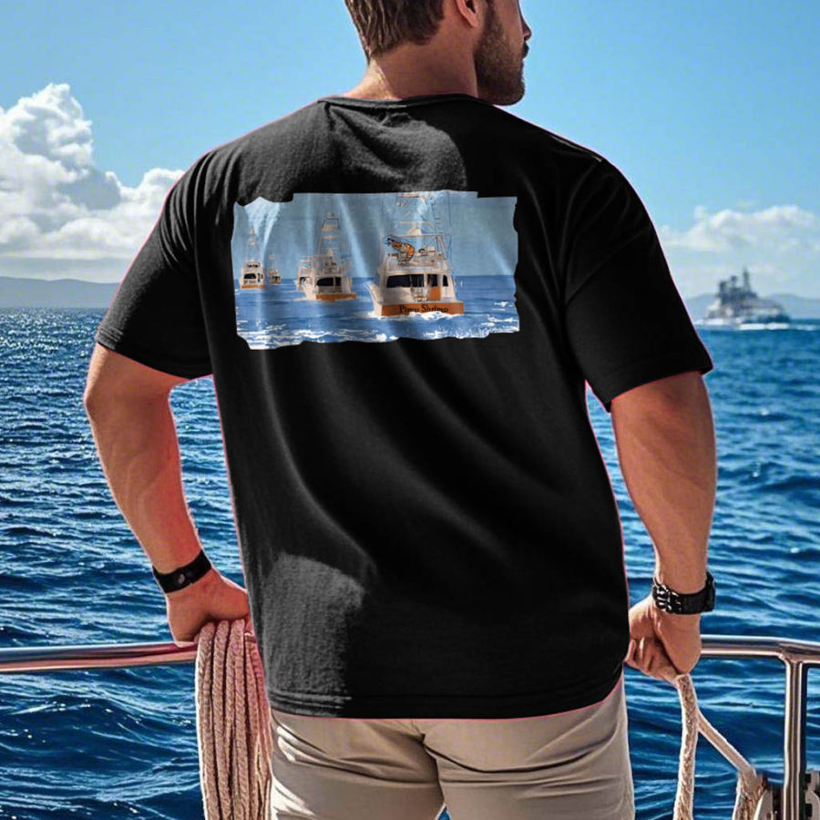 Unisex Shrimp Boat Graphic Surf Print Oversized Black Cotton Short Sleeve T-Shirt