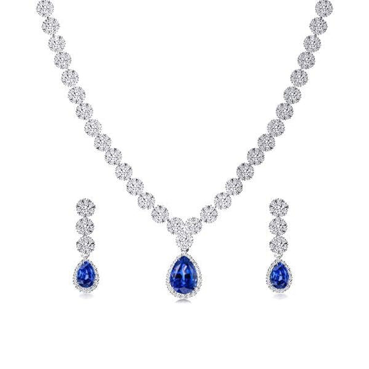 Pear & Round Cut Blue Topaz Necklace And Earring Jewelry Set