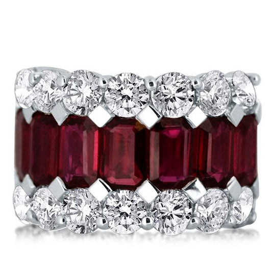 Triple Row Garnet Emerald & Round Cut Wedding Band