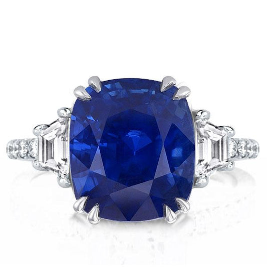 Three Stone Cushion Cut Blue Sapphire Engagement Ring