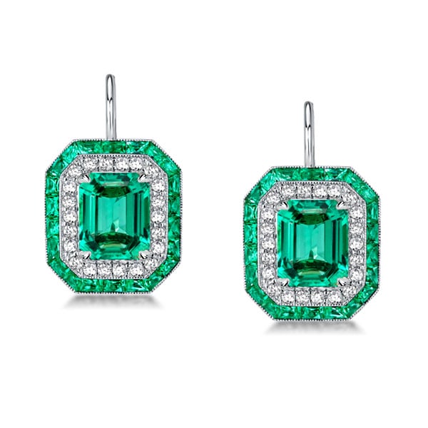 Luxury Double Halo Emerald  Drop Earrings