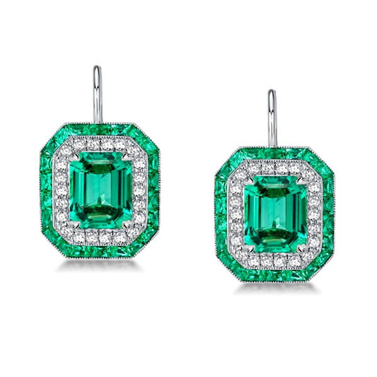 Luxury Double Halo Emerald  Drop Earrings