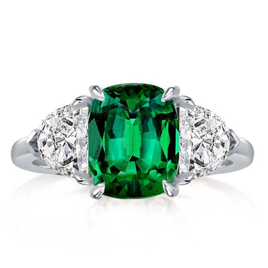 Three Stone Green Cushion Cut Emerald Engagement Ring
