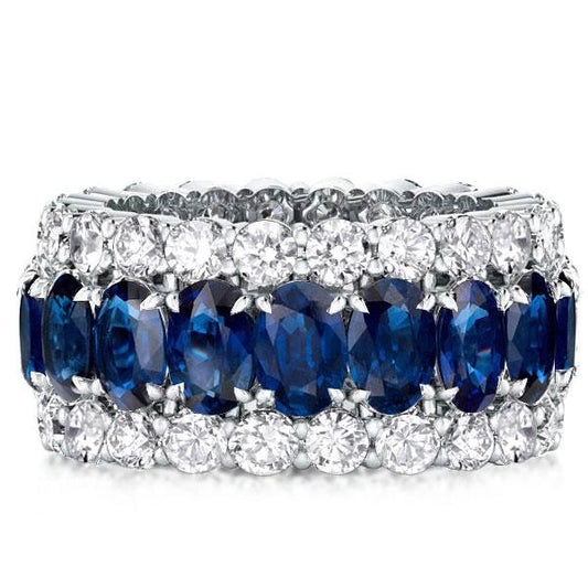 Eternity Triple Row Blue Oval &Round Cut Wedding Band