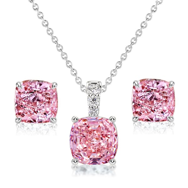 Italo Pink Sapphire Cushion Cut Necklace & Stud Earrings Jewelry Set
