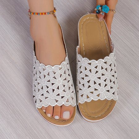 Vintage Floral Slip On Flat Heel Slide Sandals