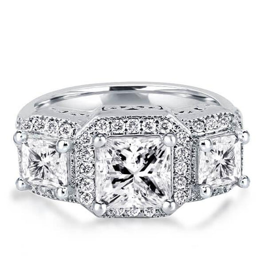 Italo Halo Princess Cut Engagement Ring 3 Stone Engagement Ring