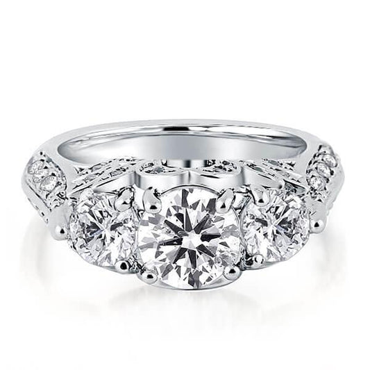 Italo Floral Three Stone Created White Sapphire Engagement Ring