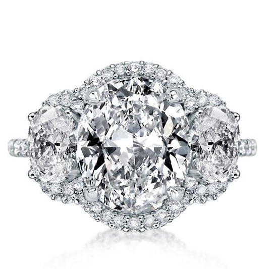 Halo Oval Three Stone Engagement Ring