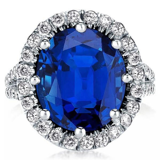 Split Shank Halo Blue Sapphire Oval Cut Engagement Ring