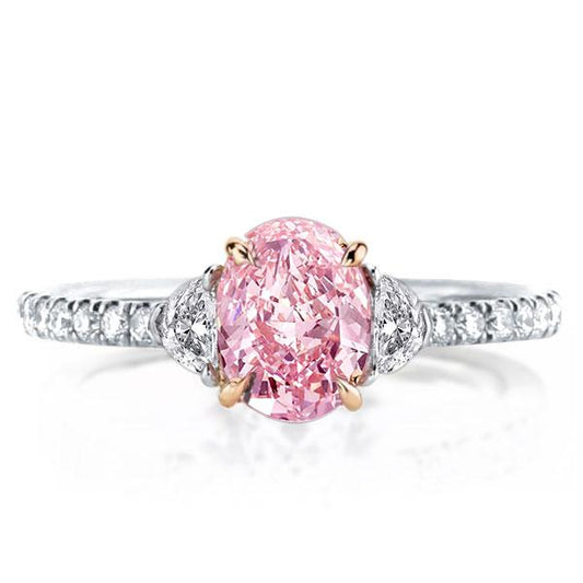 Three Stone Oval Cut Pink Engagement Ring For Women