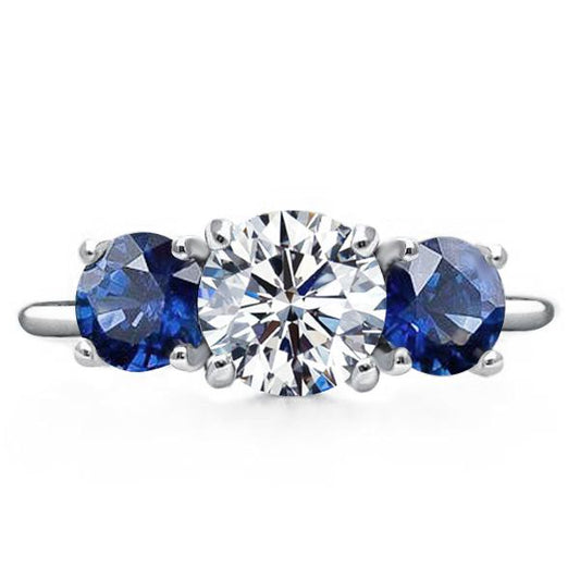 Three Stone Round Cut Blue Sapphire Engagement Ring