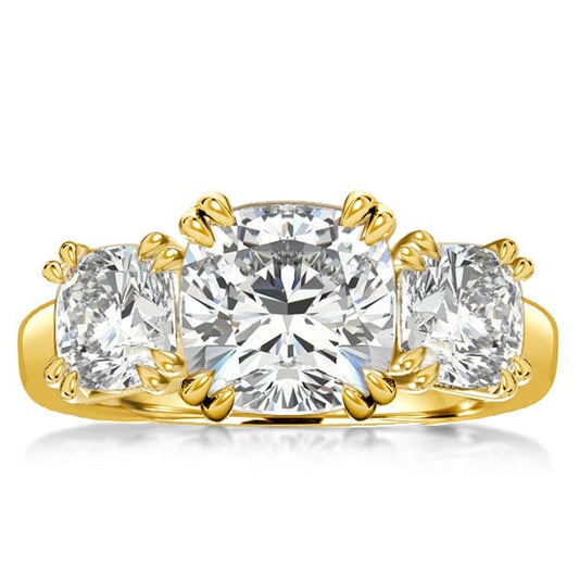 Golden Three Stone Cushion Cut Engagement Ring