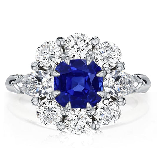 Flower Design Cushion Cut Blue Sapphire Engagement Ring