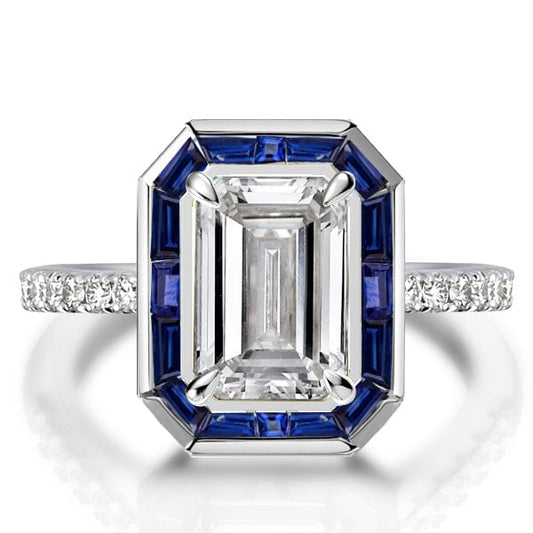 Halo Emerald Cut Engagement Ring In Sterling Silver