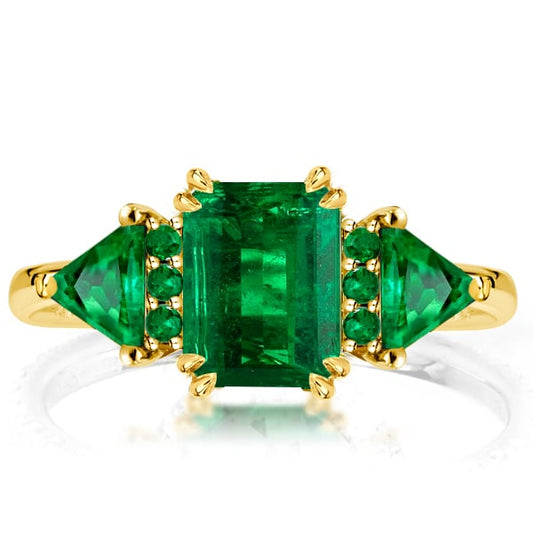 Italo Golden Three Stone Emerald Cut Emerald Engagement Ring