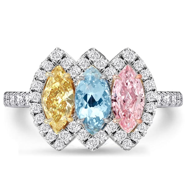 Halo Pink & Aquamarine Marquise Cut Three Stone Engagement Ring