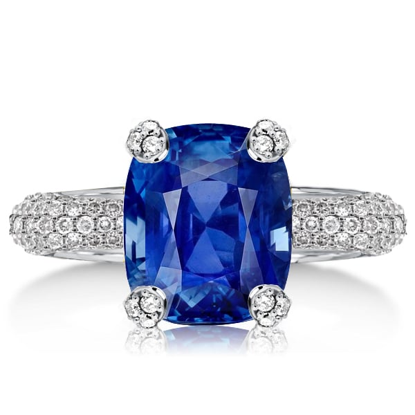 Micro Pave Cushion Cut Created Blue Sapphire Engagement Ring