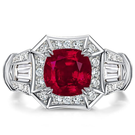 Italo Halo Ruby Cushion 2 Prong Unique Engagement Ring For Women