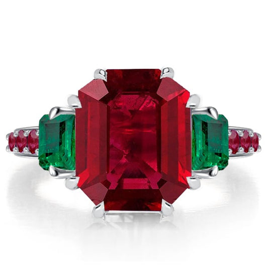 Italo Ruby Ring Emerald Cut Unique Engagement Ring Three Stone Ring