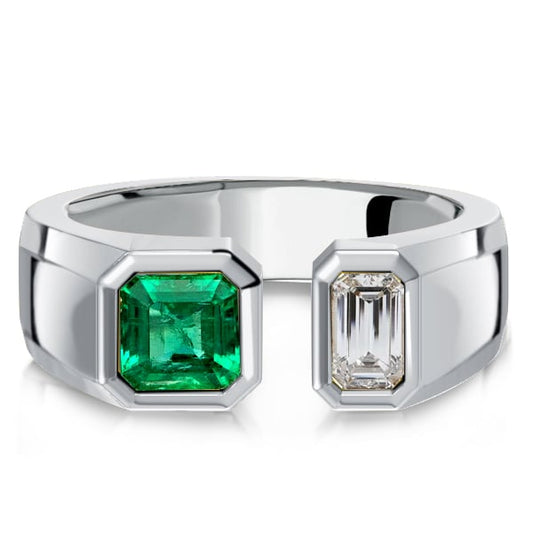 Italo Bezel Setting Emerald Signet Open Ring In Sterling Silver
