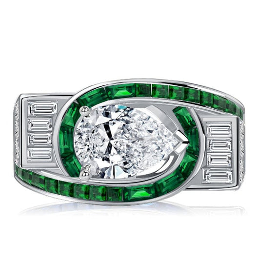 Italo Art Deco Pear Shaped Emerald Green Engagement Ring
