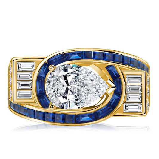 Italo Golden Art Deco Rings Pear Shaped Blue Sapphire Rings