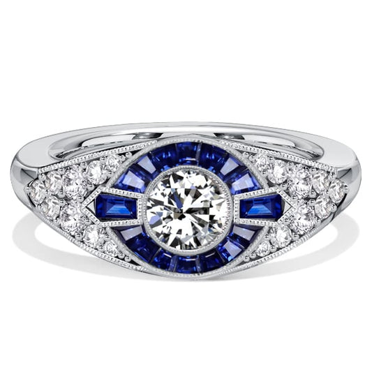 Italo Vintage Milgrain Blue Sapphire Halo Engagement Ring