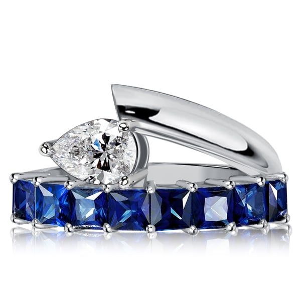 Italo Unique Princess & Pear Cut Blue Sapphire Engagement Ring