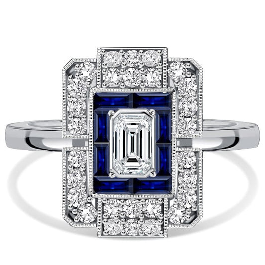Italo Elongated Antique Baguette Cut White & Blue Sapphire Ring