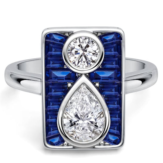 Italo Unique Design Pear & Round White & Blue Sapphire Engagement Ring