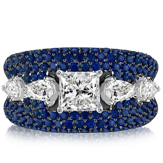 Italo Micro Pave Blue Sapphire Princess Cut Five Stone Unique Engagement Rings