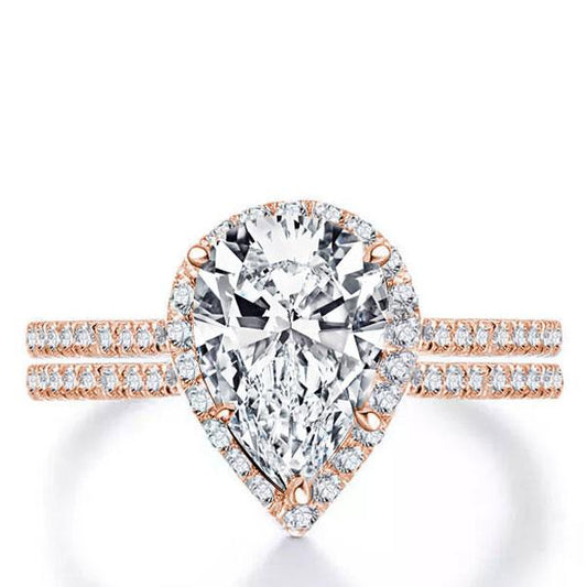 Italo Rose Gold Halo Pear Created White Sapphire Bridal Set