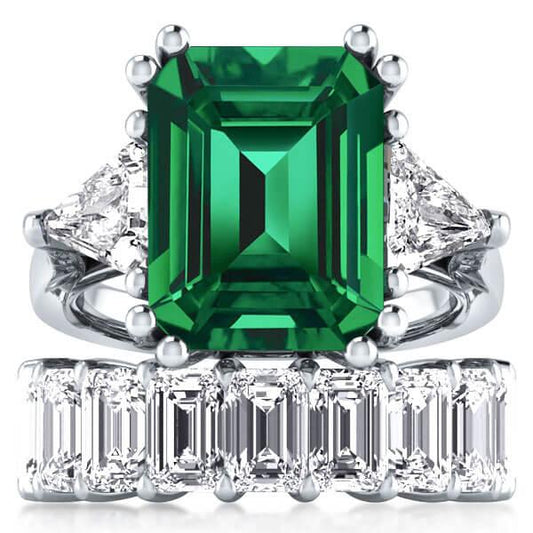 Italo Emerald Cut Engagement Ring Set With Eternity Wedding Band