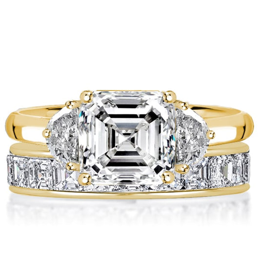 Italo Golden Three Stone Asscher Cut Engagement Ring Sets For Women