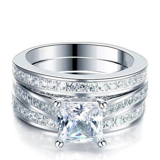 Italo Princess Cut Engagement Ring Silver 3PC Wedding Set
