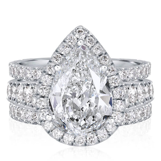 Italo Halo Pear Cut Engagement Rings Sets In Sterling Silver