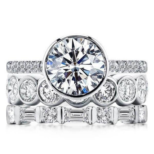 Italo Bezel Set Engagement Ring Set With Eternity Wedding Band