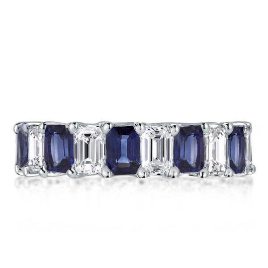 Emerald Cut Blue & White Sapphire Eternity Wedding Band