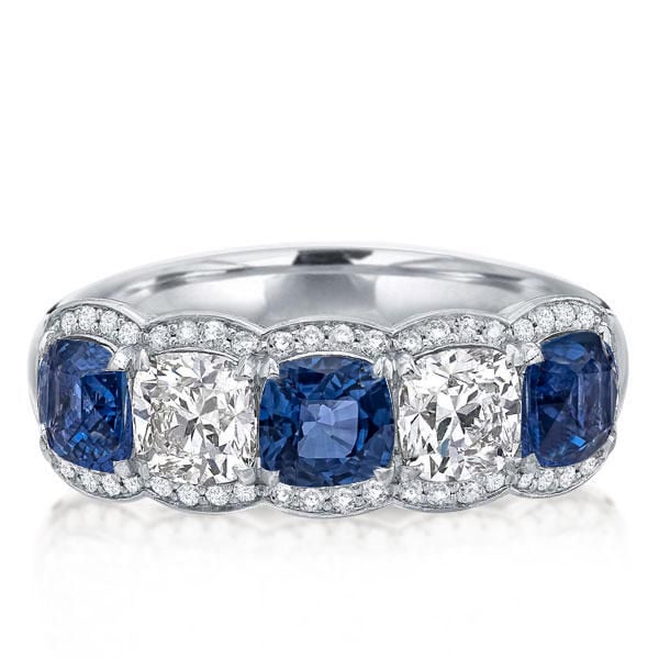 Halo Five Stone Alternating White & Blue Sapphire Wedding Band