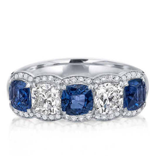 Halo Five Stone Alternating White & Blue Sapphire Wedding Band