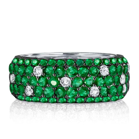 Pave Setting Five Row Micro Pave Emerald Green Eternity Wedding Band