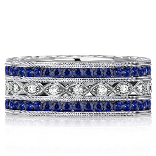 Italo Art Deco Milgrain Blue Sapphire Eternity Band For Women