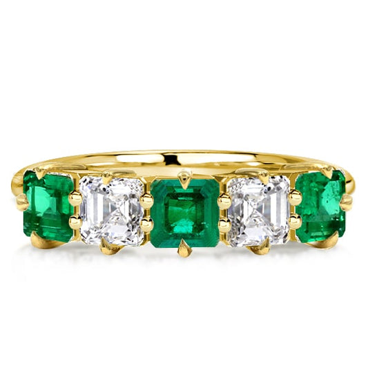 Five Stone Asscher Cut Green Emerald Half Eternity Wedding Band For Women
