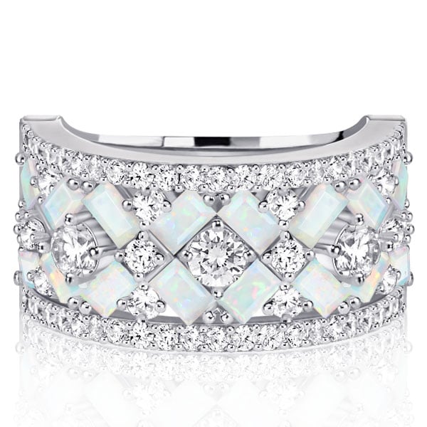 Multi Row Baguette Opal Half Eternity Wedding Band For Women
