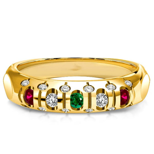 Italo Golden Vintage Wedding Band Five Stone Ring Ruby Emerald Band Ring