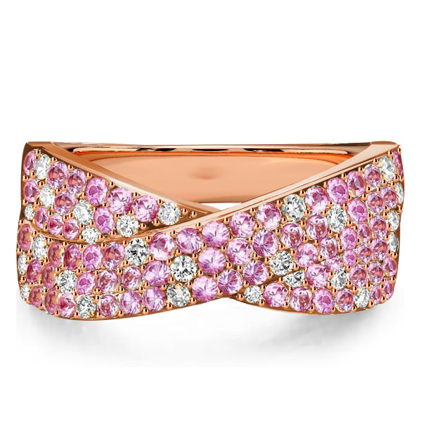 Italo Paved Pink Stone Micro Pave Crossover Ring Criss-Cross Wedding Band Infinity Ring
