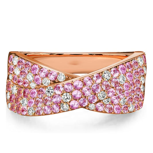 Italo Paved Pink Stone Micro Pave Crossover Ring Criss-Cross Wedding Band Infinity Ring