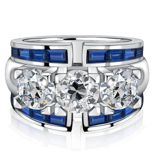 Italo Blue Sapphire Round Cut Vintage Wedding Band Art Deco Rings
